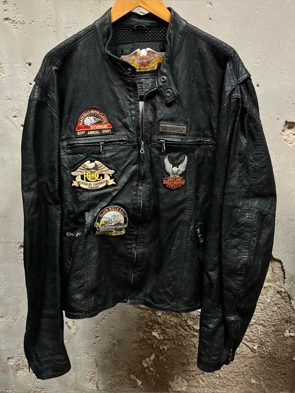 Harley Davidson Y2K Perforated Leather Full Zip Biker Motorcycle Jacket Patches